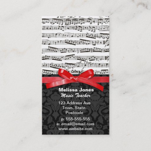 Customizable Music notes and faux red ribbon business card