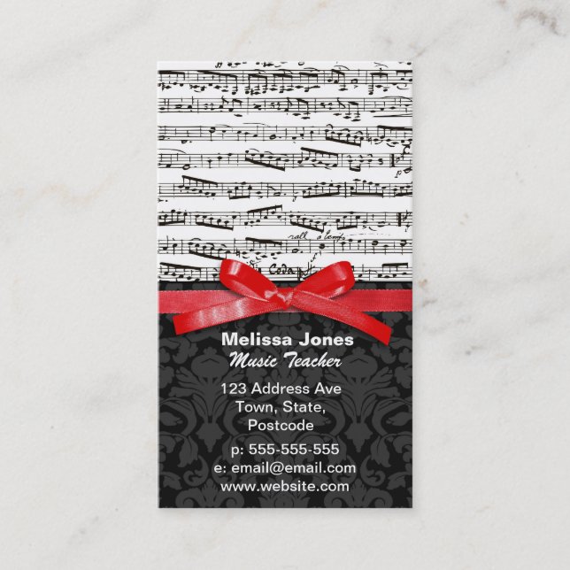 Music notes and faux red ribbon business card (Front)