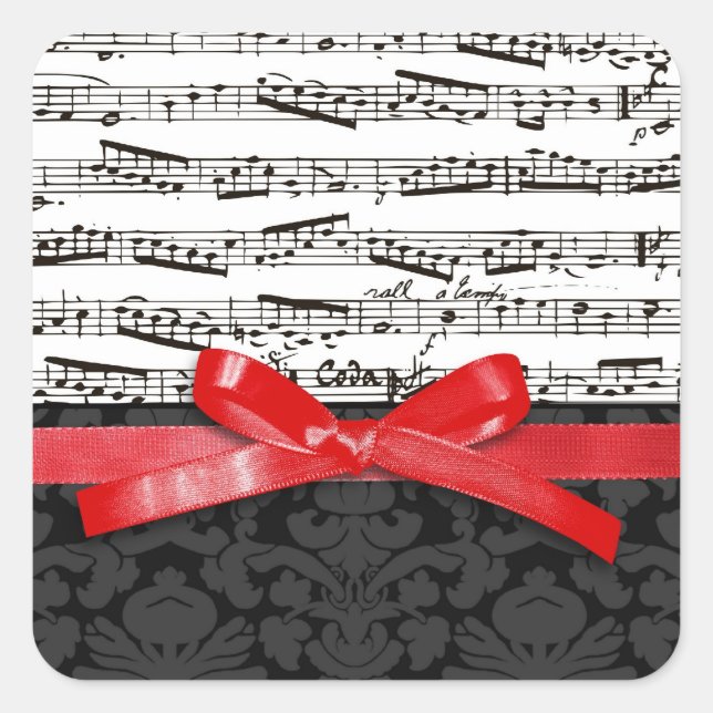 Music notes and faux red ribbon square sticker (Front)
