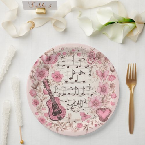 Music Notes and Flowers Elegant Paper Plates