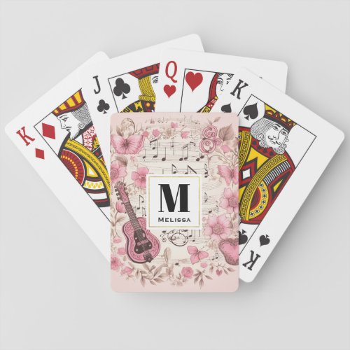 Music Notes and Flowers Elegant Retro Monogram Playing Cards