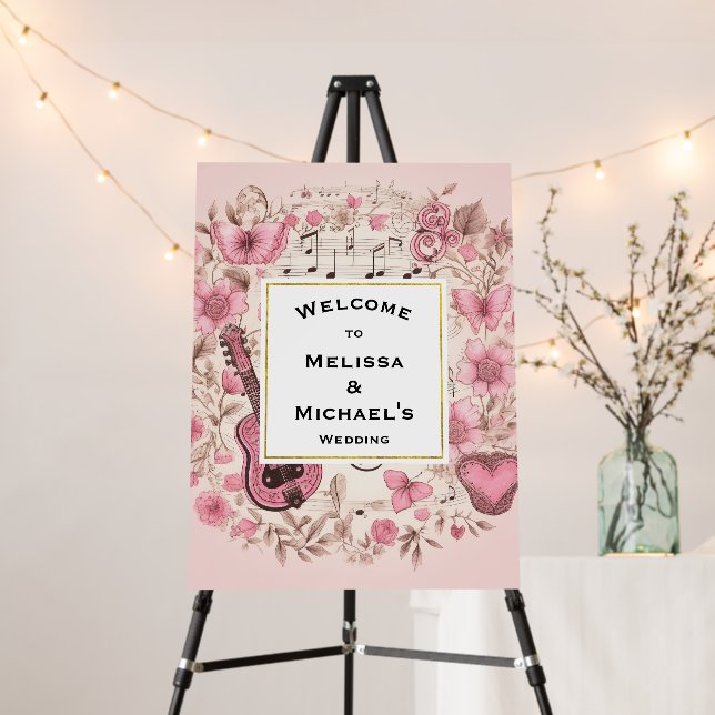Music Notes and Flowers Elegant Wedding Welcome Foam Board (In Situ (Stand))