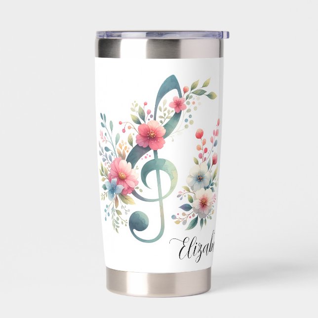 Music Notes and Flowers Personalized Insulated Tumbler (Left)