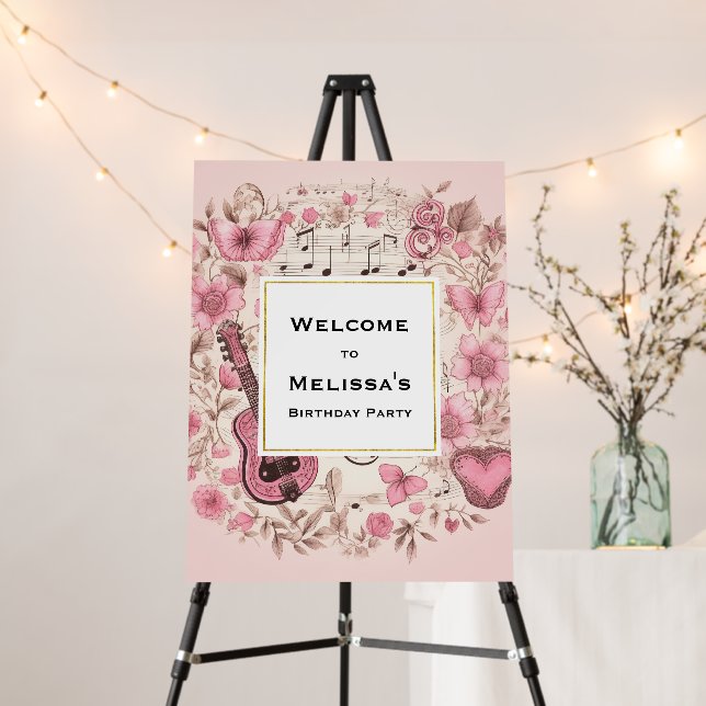 Music Notes and Flowers Retro Birthday Welcome Foam Board (In Situ (Stand))