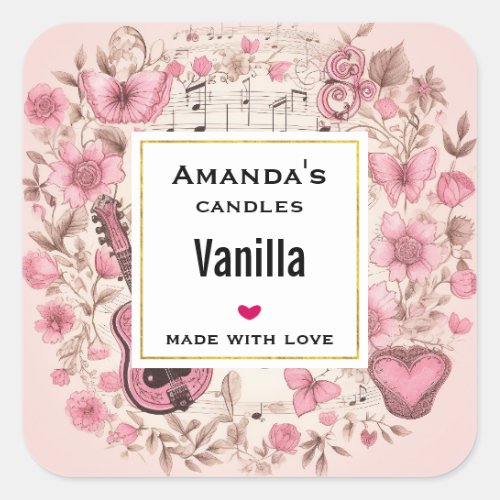 Music Notes and Flowers Retro Candle Business Square Sticker