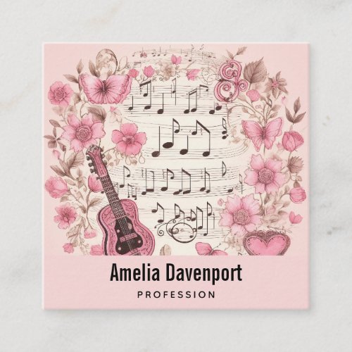 Music Notes and Flowers Retro Elegant Square Business Card