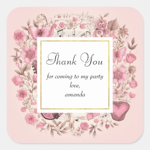 Music Notes and Flowers Retro Party Thank You Square Sticker