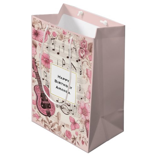 Music Notes and Flowers Retro Style Birthday Medium Gift Bag