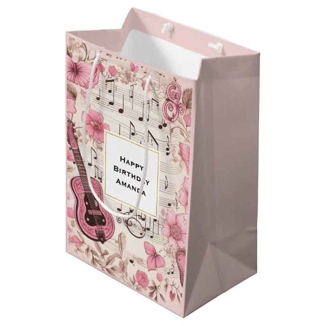 Music Notes and Flowers Retro Style Birthday Medium Gift Bag (Front Angled)