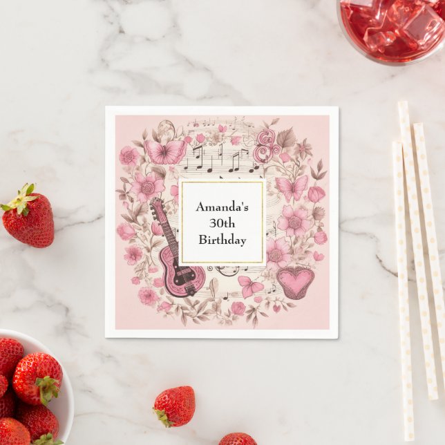 Music Notes and Flowers Retro Style Birthday Napkins (Insitu)
