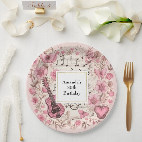 Music Notes and Flowers Retro Style Birthday Paper Plates