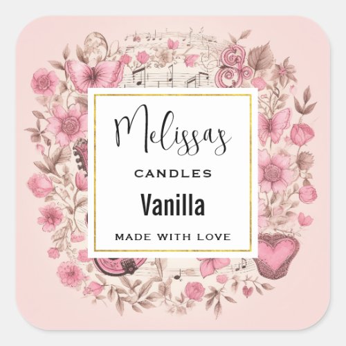 Music Notes and Flowers Retro Style Candle Biz Square Sticker