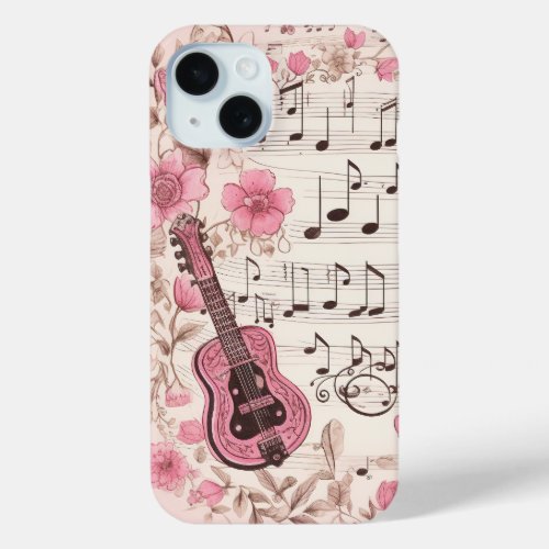 Music Notes and Flowers Retro Style iPhone 15 Case