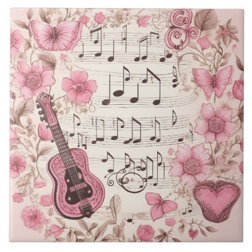 Music Notes and Flowers Retro Style Ceramic Tile