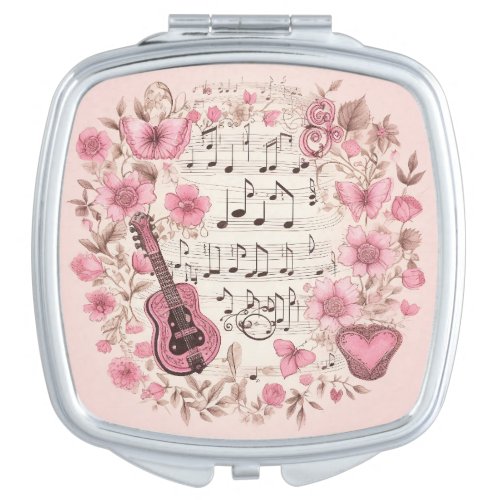 Music Notes and Flowers Retro Style Compact Mirror