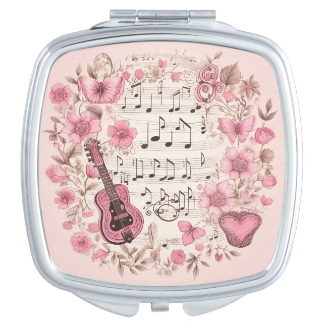 Music Notes and Flowers Retro Style Compact Mirror (Front)