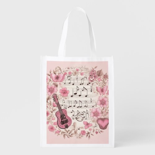  Music Notes and Flowers Retro Style Grocery Bag
