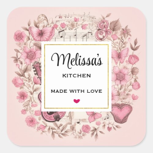 Music Notes and Flowers Retro Style Kitchen Square Sticker
