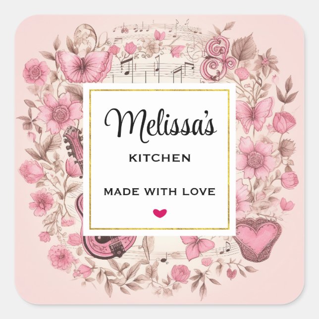 Music Notes and Flowers Retro Style Kitchen Square Sticker (Front)