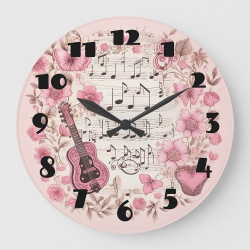 Music Notes and Flowers Retro Style Large Clock