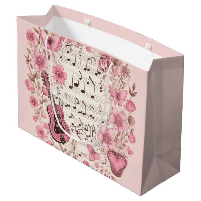 Music Notes and Flowers Retro Style Large Gift Bag (Back Angled)