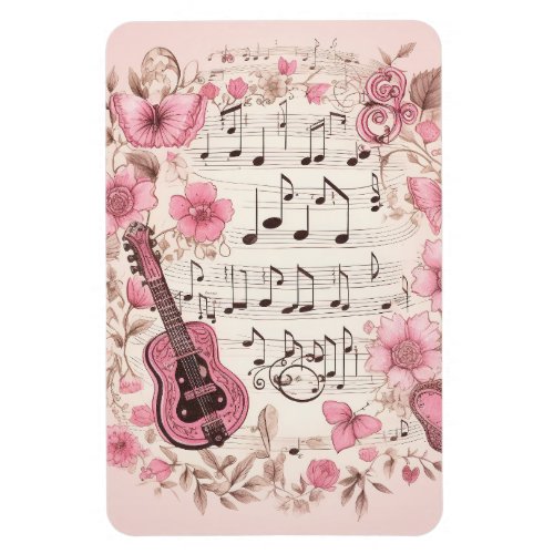 Music Notes and Flowers Retro Style Magnet