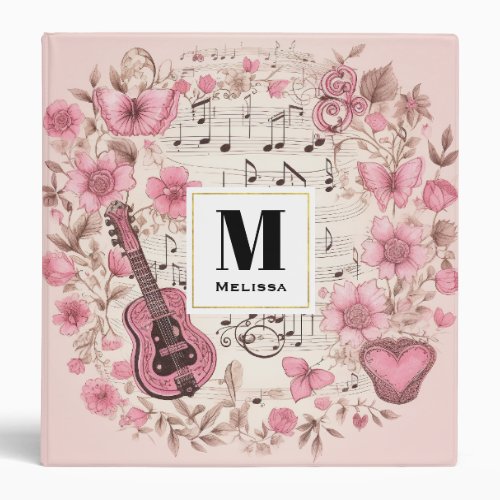 Music Notes and Flowers Retro Style Monogram 3 Ring Binder