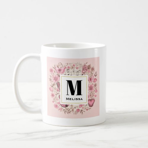 Music Notes and Flowers Retro Style Monogram Coffee Mug
