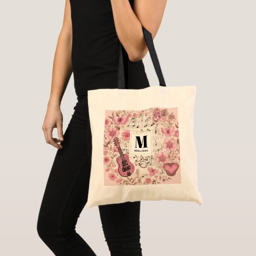 Music Notes and Flowers Retro Style Monogram Tote Bag