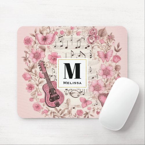 Music Notes and Flowers Retro Style Mouse Pad