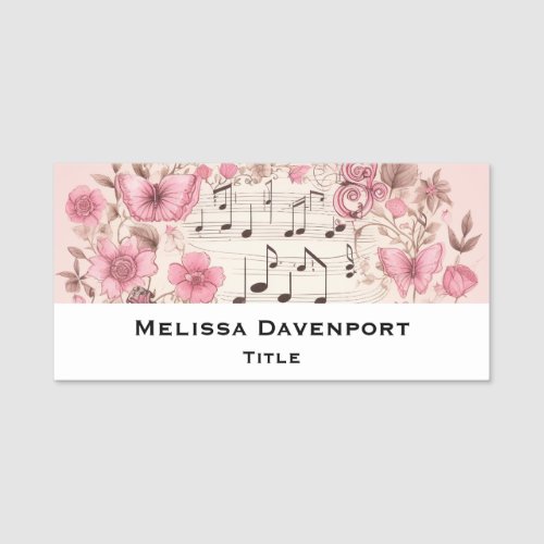 Music Notes and Flowers Retro Style Name Tag