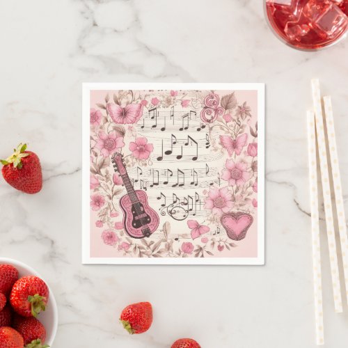 Music Notes and Flowers Retro Style Napkins