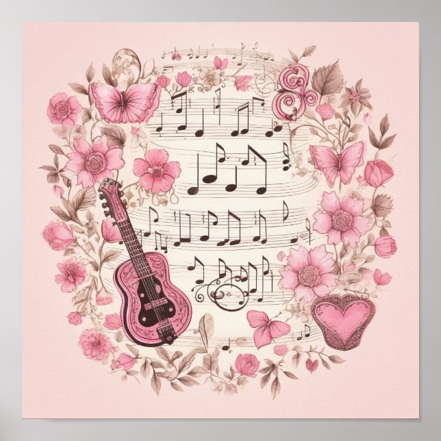 Music Notes and Flowers Retro Style Poster (Front)
