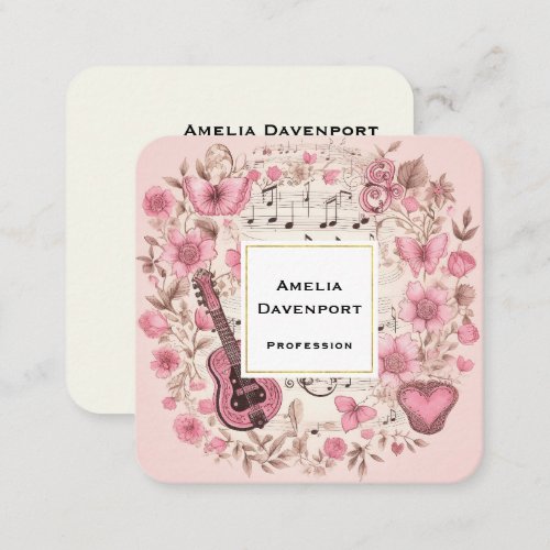 Music Notes and Flowers Retro Style Square Business Card