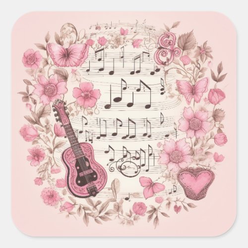 Music Notes and Flowers Retro Style Square Sticker