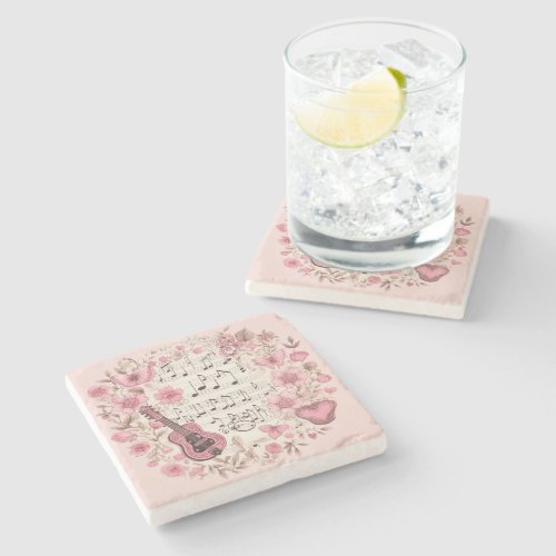  Music Notes and Flowers Retro Style Stone Coaster
