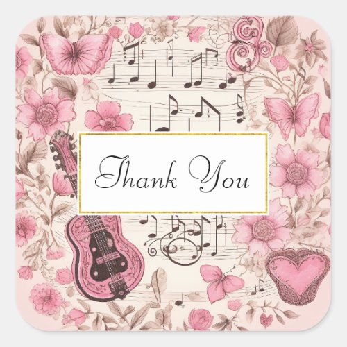 Music Notes and Flowers Retro Style Thank You Square Sticker