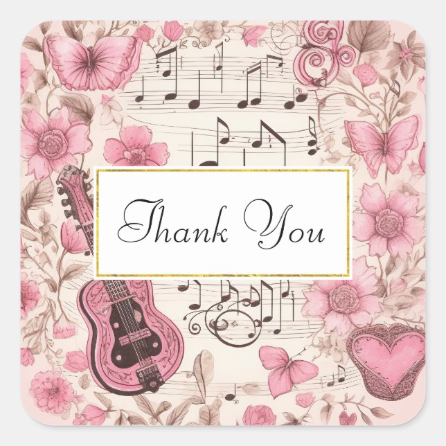 Music Notes and Flowers Retro Style Thank You Square Sticker (Front)