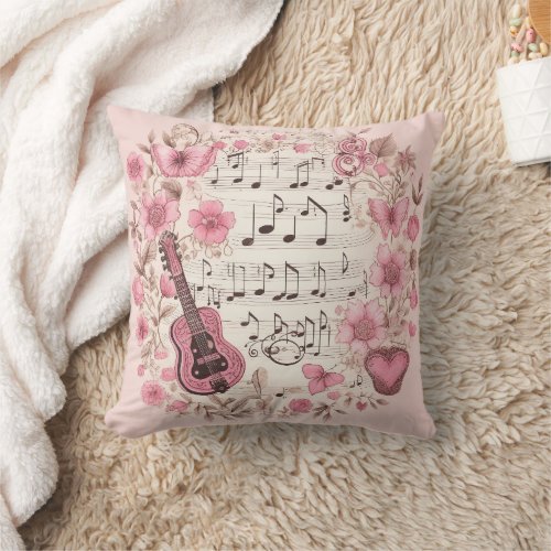 Music Notes and Flowers Retro Style Throw Pillow