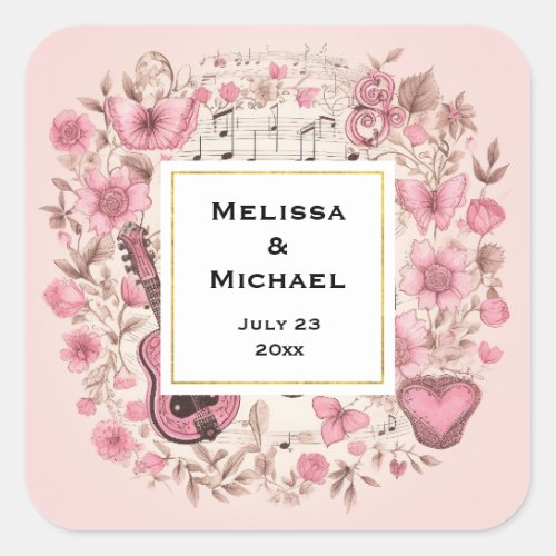 Music Notes and Flowers Retro Style Wedding Square Sticker