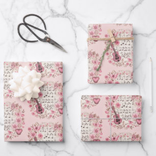 Music Notes and Flowers Retro Style Wrapping Paper Sheets