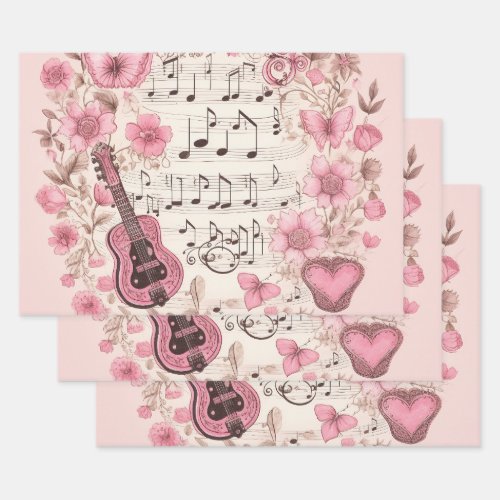 Music Notes and Flowers Retro Style Wrapping Paper Sheets