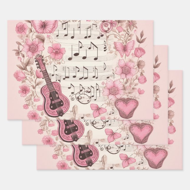 Music Notes and Flowers Retro Style Wrapping Paper Sheets (Set)