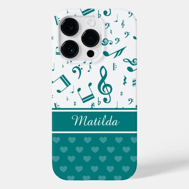 Music Notes and Hearts Pattern Teal and White Case-Mate iPhone Case (Back)