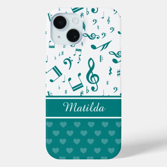Music Notes and Hearts Pattern Teal and White iPhone 15 Case