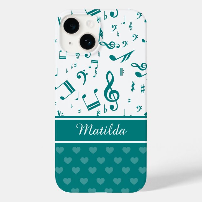 Music Notes and Hearts Pattern Teal and White Case-Mate iPhone Case (Back)