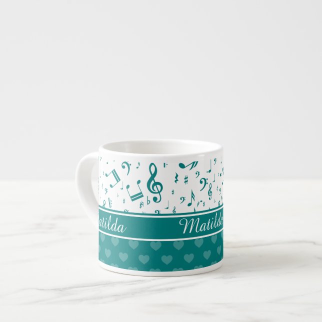 Music Notes and Hearts Pattern Teal and White Espresso Cup (Front Left)