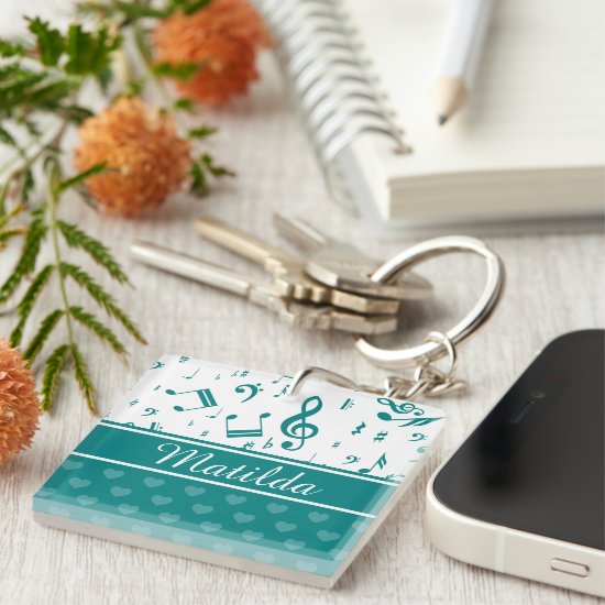 Music Notes and Hearts Pattern Teal and White Keychain