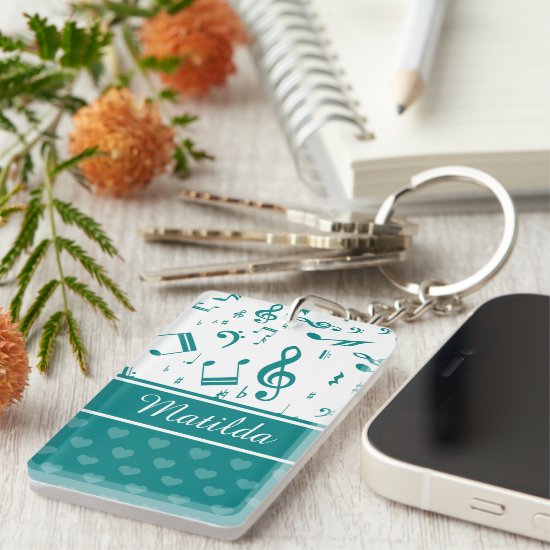 Music Notes and Hearts Pattern Teal and White Keychain