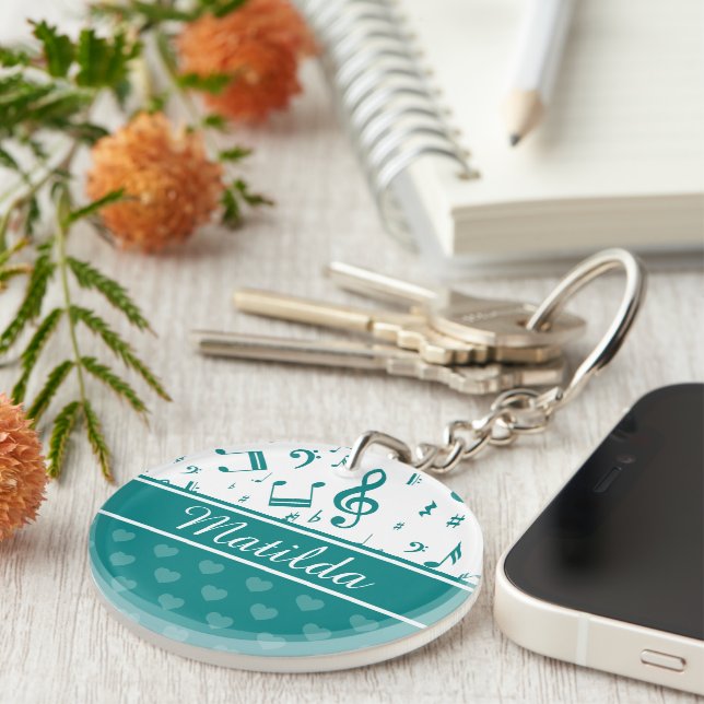 Music Notes and Hearts Pattern Teal and White Keychain (Front Right)